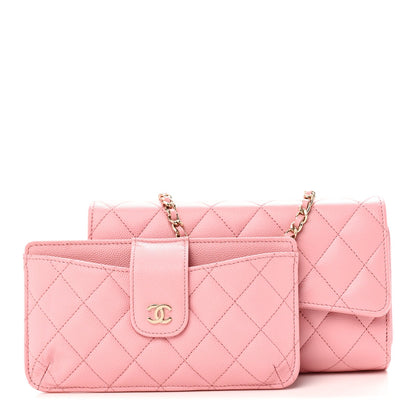 Caviar Quilted Phone Holder Wallet on Removable Chain Pink