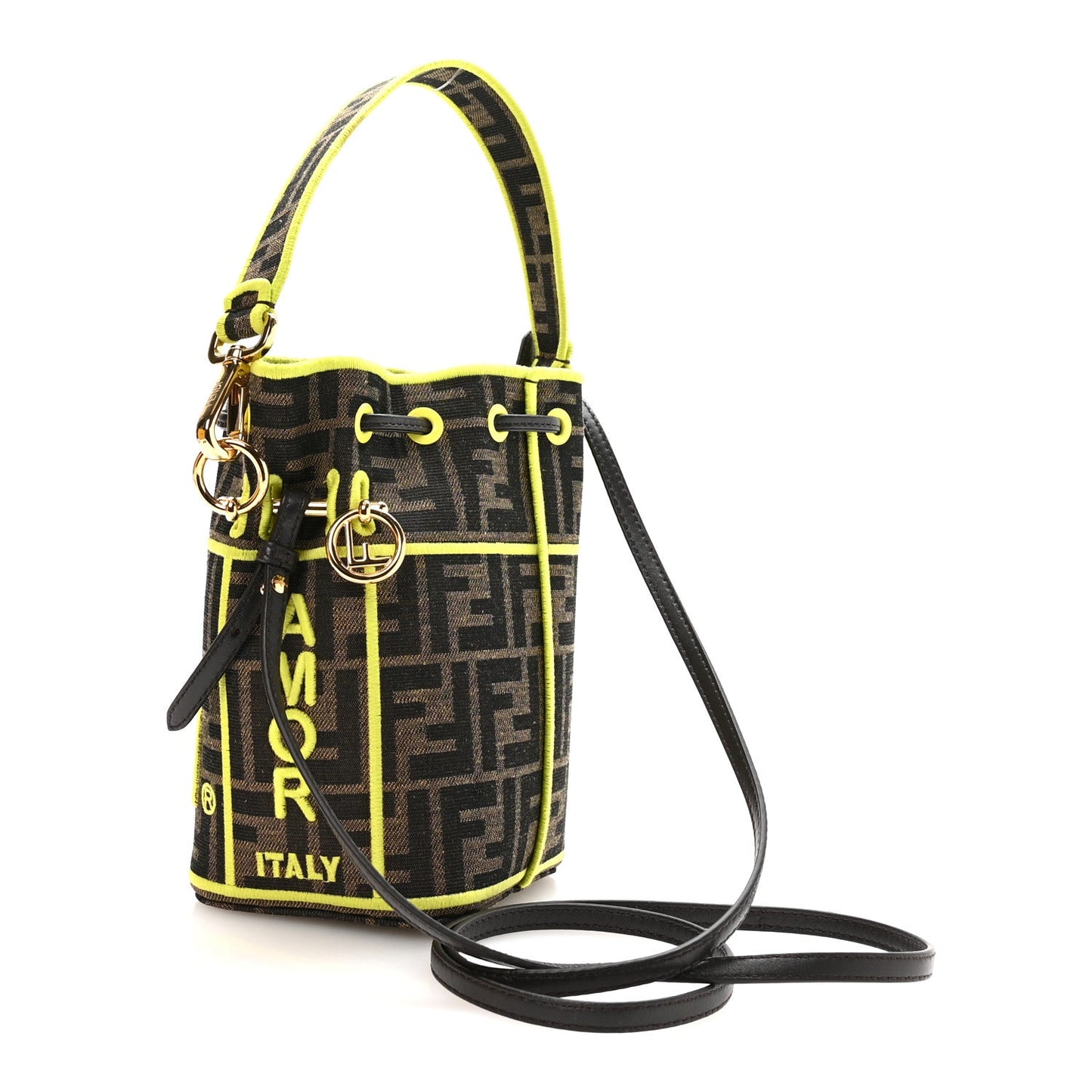 Fabric Jacquard Shiny Nappa FF 1974 Logo Threaded Edge Mini Mon Tresor Bucket Bag Tobacco Moro Giallo Fluo