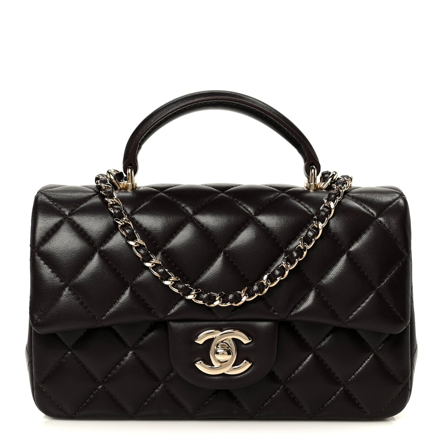 Lambskin Quilted Mini Top Handle Rectangular Flap Dark Brown