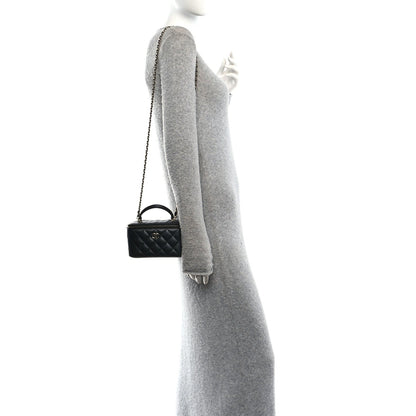 Lambskin Quilted Small Top Handle Vanity Case With Chain Black