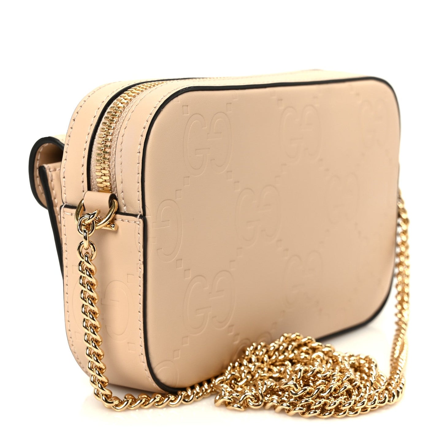 Calfskin GG Super Mini Debossed Chain Wallet Light Beige