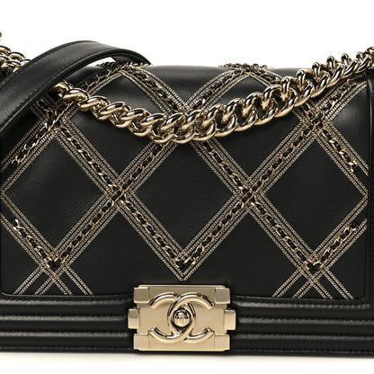 Calfskin Quilted Medium Chain Detail Boy Flap Black