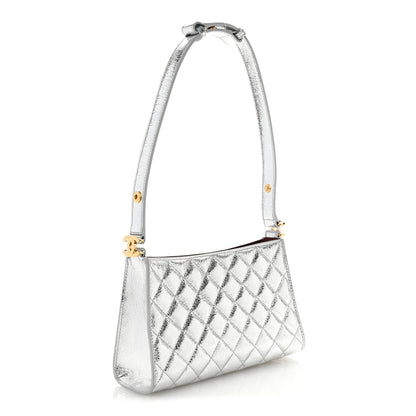Metallic Crackled Calfskin Quilted Hobo Silver