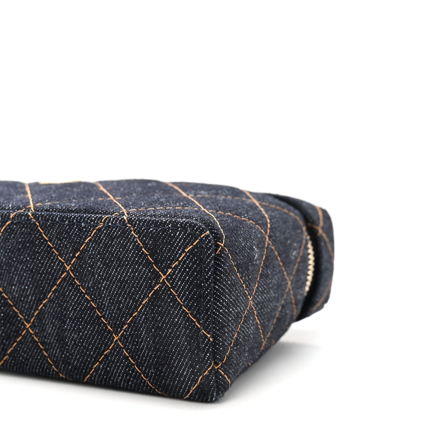 Denim Quilted Top Handle Slim Vanity Case With Chain Dark Blue Orange