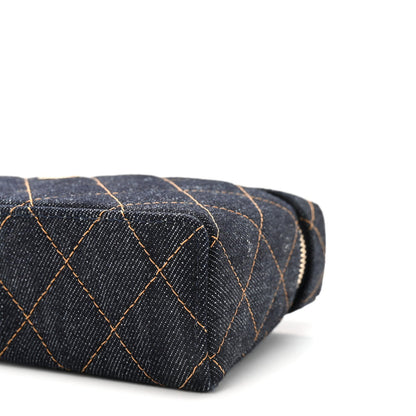 Denim Quilted Top Handle Slim Vanity Case With Chain Dark Blue Orange