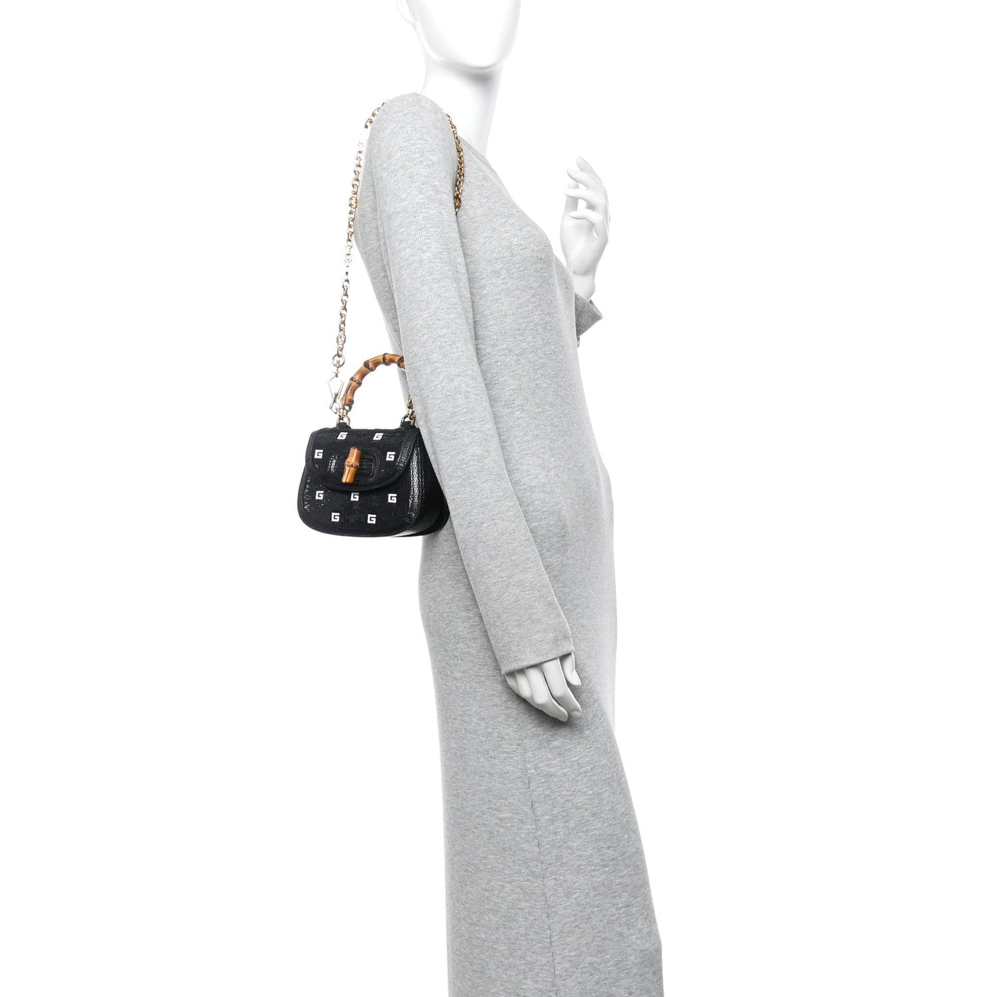 Sequin Lizard Embossed GG Mini Bamboo 1947 Top Handle Chain Bag Black White