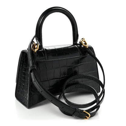 Shiny Calfskin Crocodile Embossed Hourglass Top Handle Bag XS Black