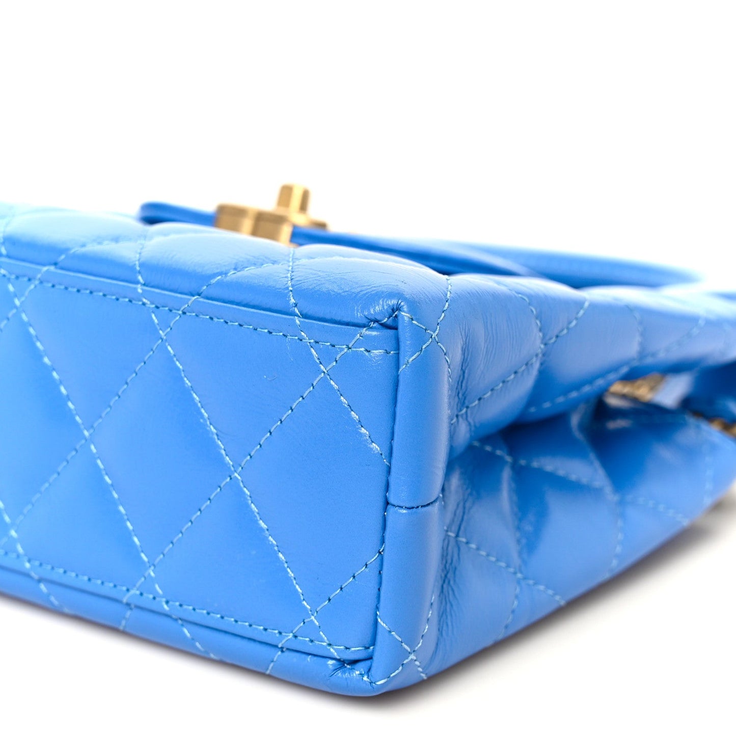 Shiny Aged Calfskin Quilted Nano Kelly Shopper Blue