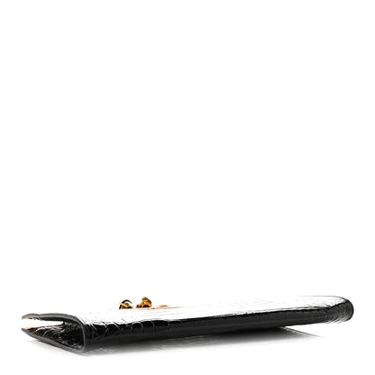 Calfskin Crocodile Embossed Knuckle Flat Clutch Black Gold