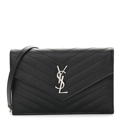 Grain De Poudre Matelasse Chevron Monogram Envelope Chain Wallet Black