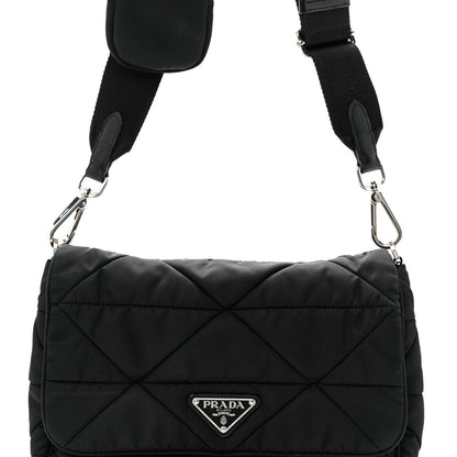 Re-Nylon Quilted Padded Flap Shoulder Bag Black