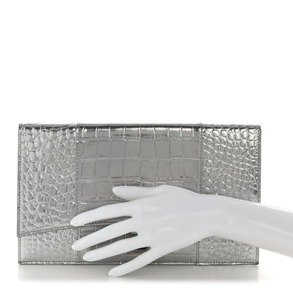 Metallic Calfskin Crocodile Embossed Hourglass Flap Flat Pouch Silver