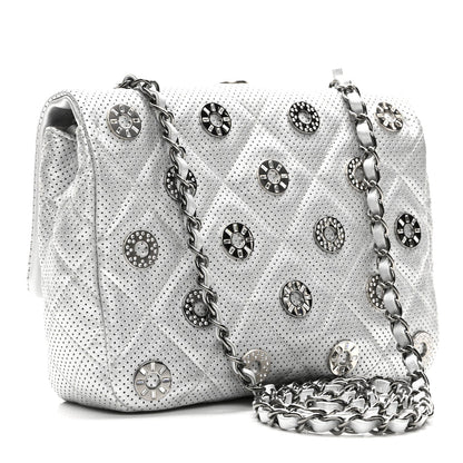 Perforated Metallic Lambskin Small CC Medals Flap Silver