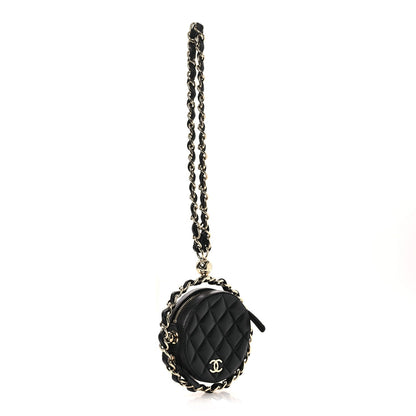 Lambskin Quilted Chain Round Mini Clutch Black