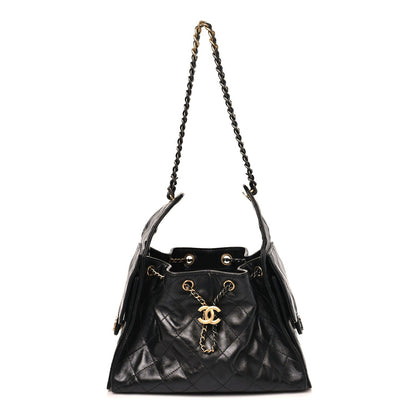 Shiny Crumpled Calfskin Quilted Small Chanel 25 Handbag Black