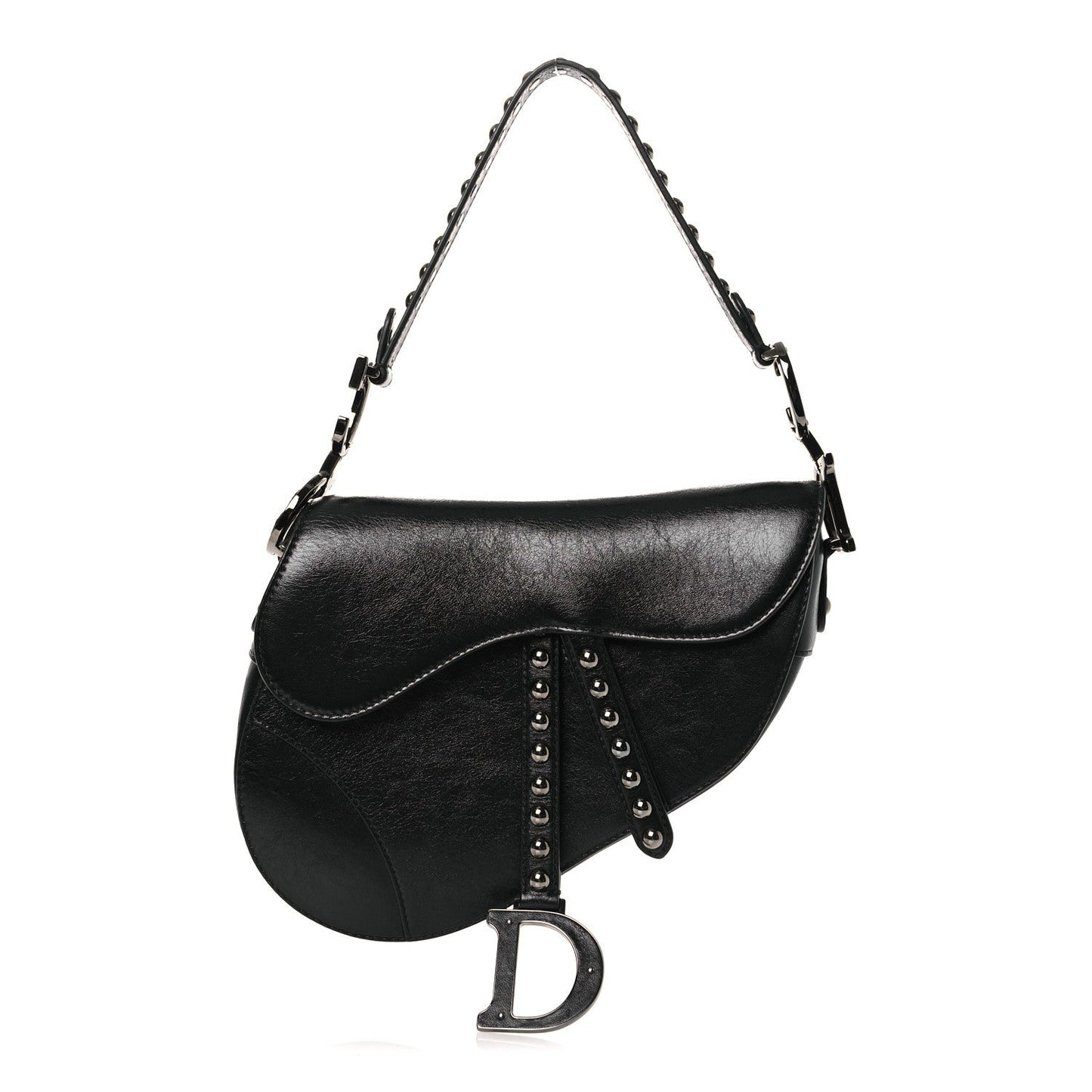 Shiny Crinkled Calfskin Studded Saddle Bag Black