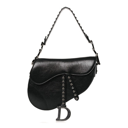 Shiny Crinkled Calfskin Studded Saddle Bag Black