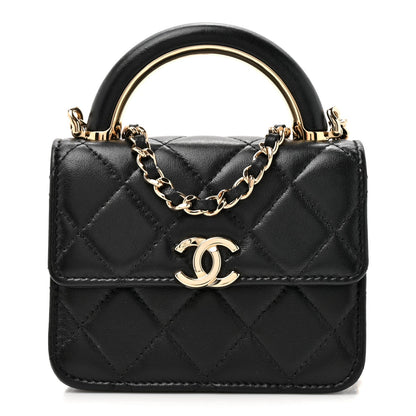 Lambskin Quilted Top Handle Flap Clutch With Chain Black