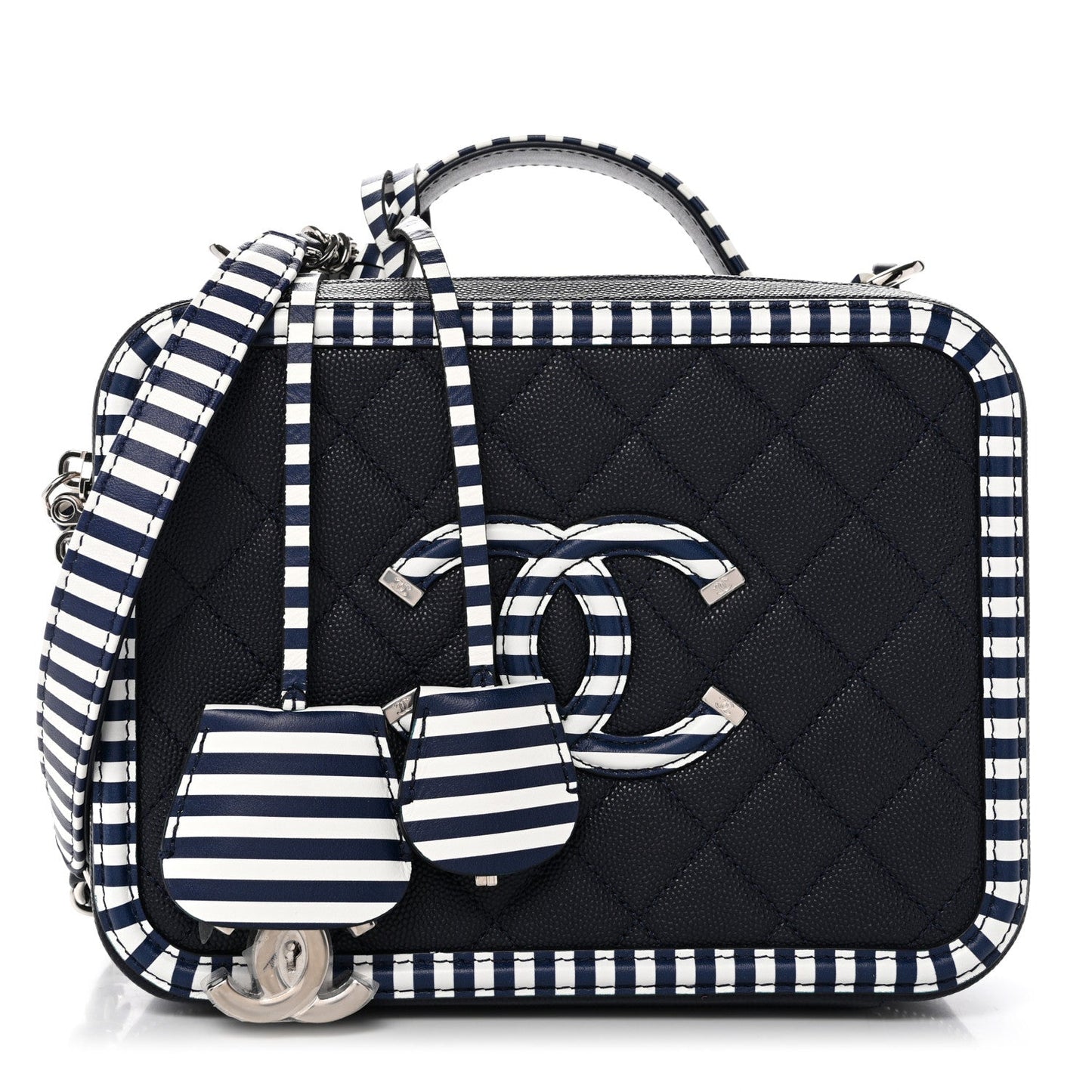 Caviar Quilted Striped Medium CC Filigree Vanity Case Navy White