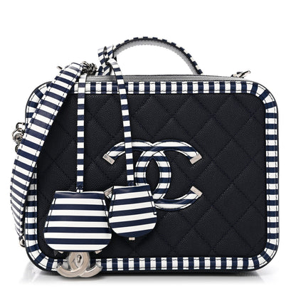 Caviar Quilted Striped Medium CC Filigree Vanity Case Navy White
