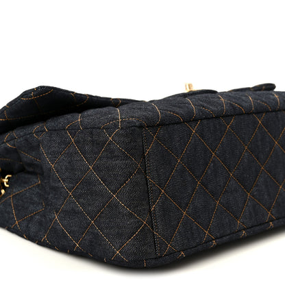 Denim Quilted XXL Travel Flap Bag Dark Blue Orange