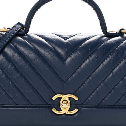 Calfskin Chevron Quilted Top Handle Flap Navy
