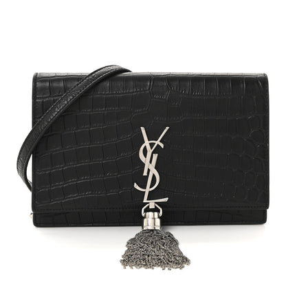 Calfskin Crocodile Embossed Kate Monogram Tassel Chain Wallet Black