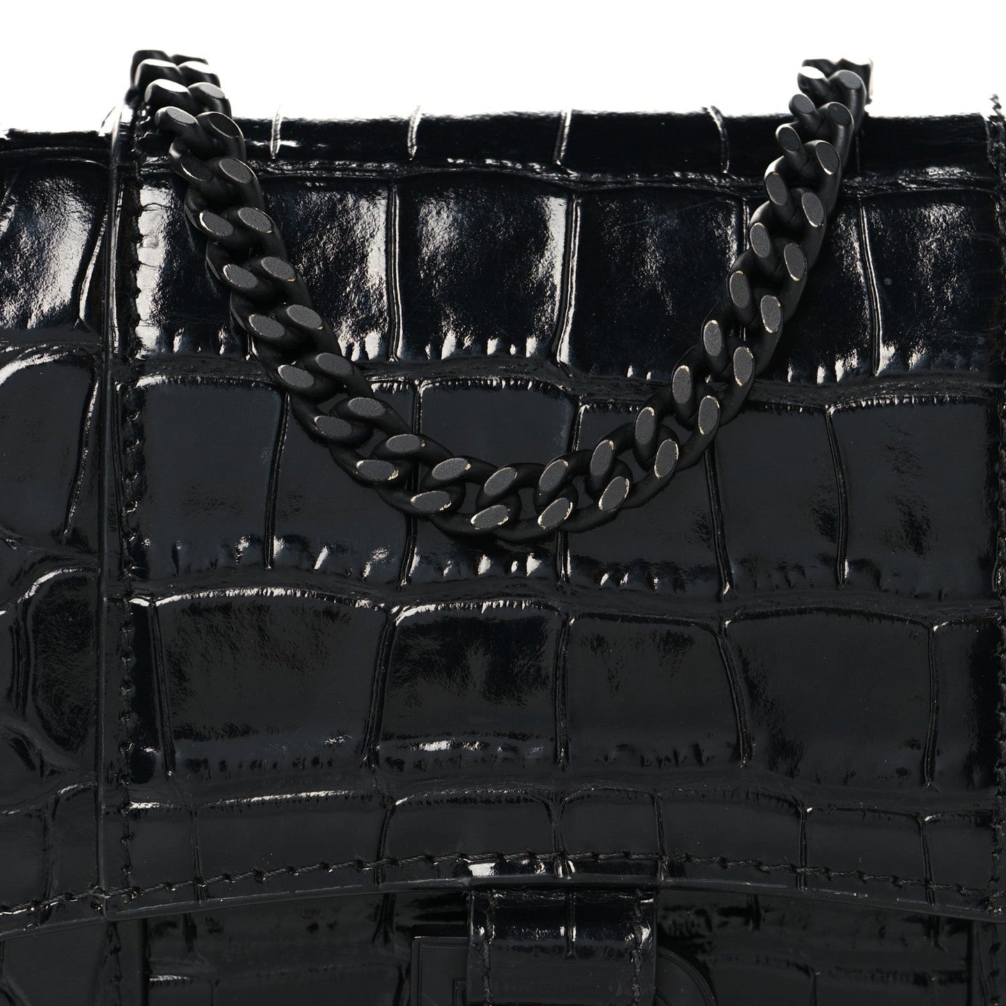 Shiny Calfskin Monochrome Crocodile Embossed Hourglass Chain Bag Black