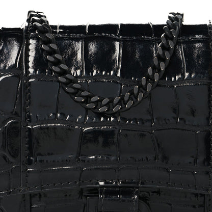 Shiny Calfskin Monochrome Crocodile Embossed Hourglass Chain Bag Black