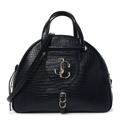 Calfskin Crocodile Embossed Small Varenne Bowling Bag Navy