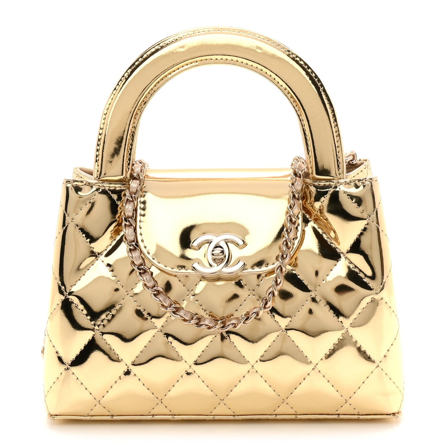 Mirror Calfskin Metallic Calfskin Quilted Nano Kelly Shopper Gold