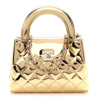 Mirror Calfskin Metallic Calfskin Quilted Nano Kelly Shopper Gold