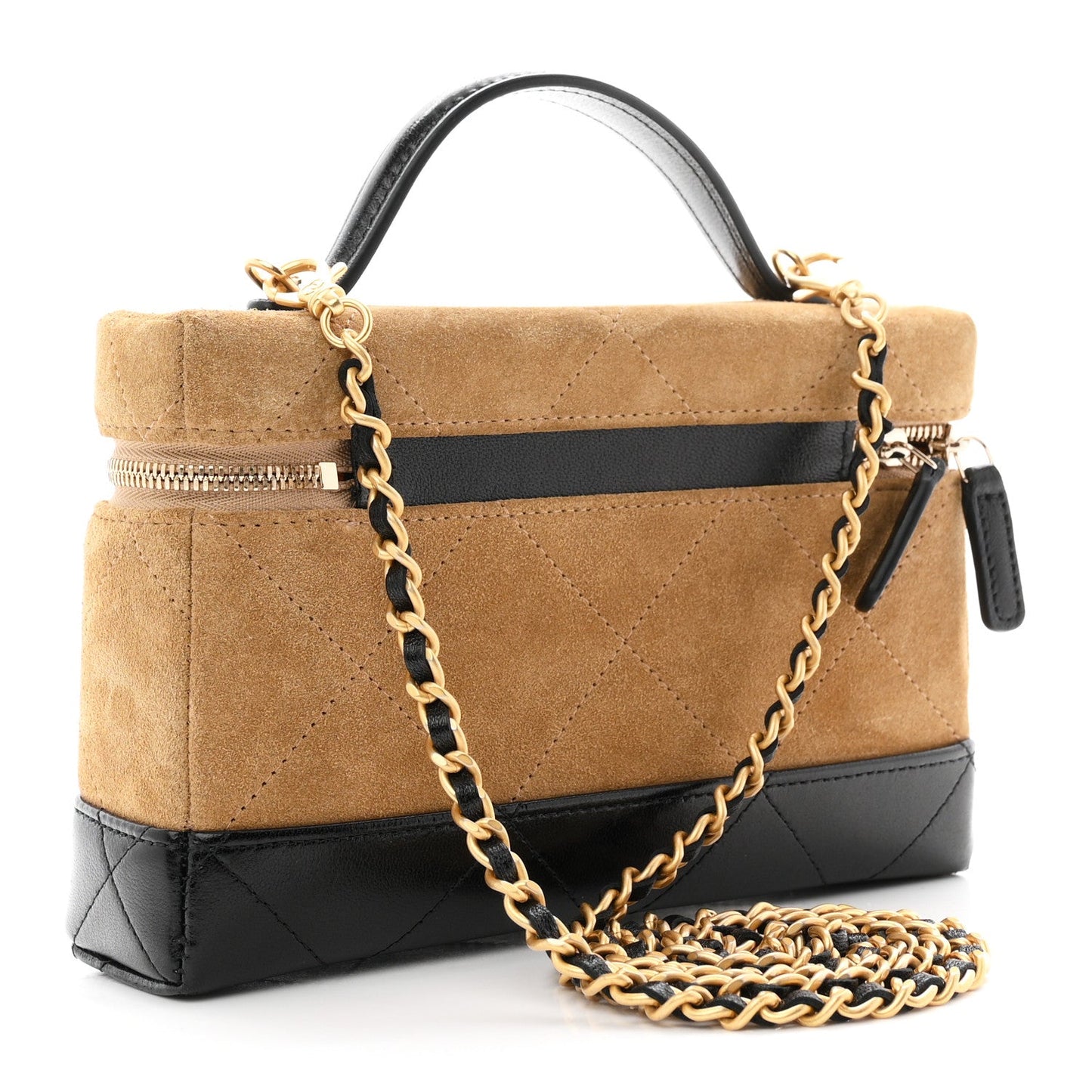 Suede Calfskin Shiny Lambskin Quilted Top Handle Slim Vanity Case With Chain Beige Black