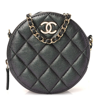 Iridescent Caviar Quilted Round Clutch With Chain Black