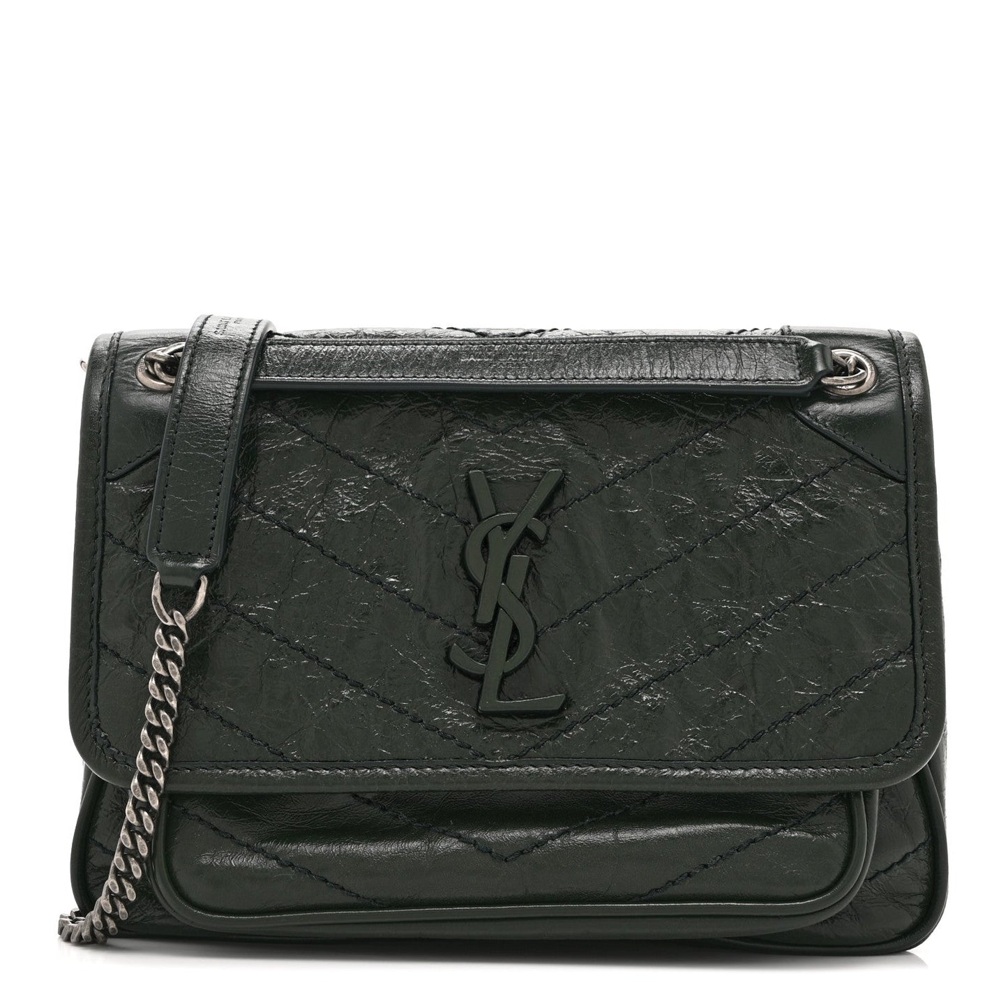 Crinkled Calfskin Matelasse Monogram Baby Niki Chain Satchel Dark Green