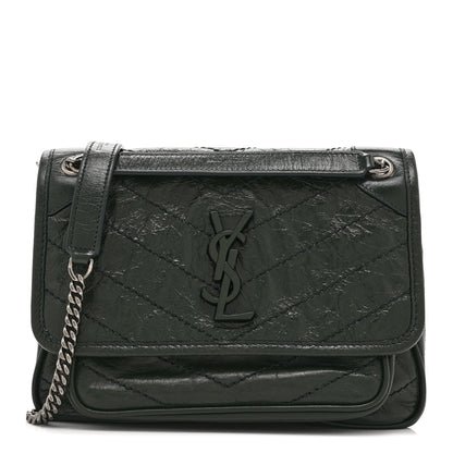Crinkled Calfskin Matelasse Monogram Baby Niki Chain Satchel Dark Green