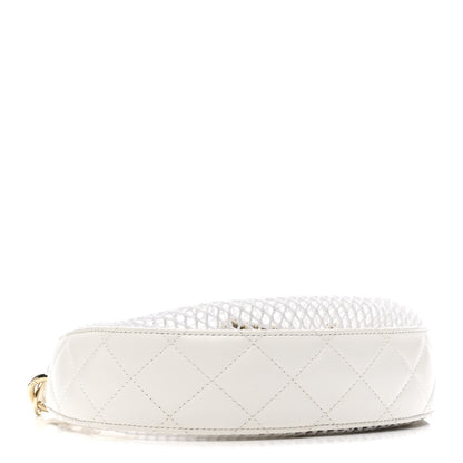 Mesh Shiny Lambskin Chain Hobo White