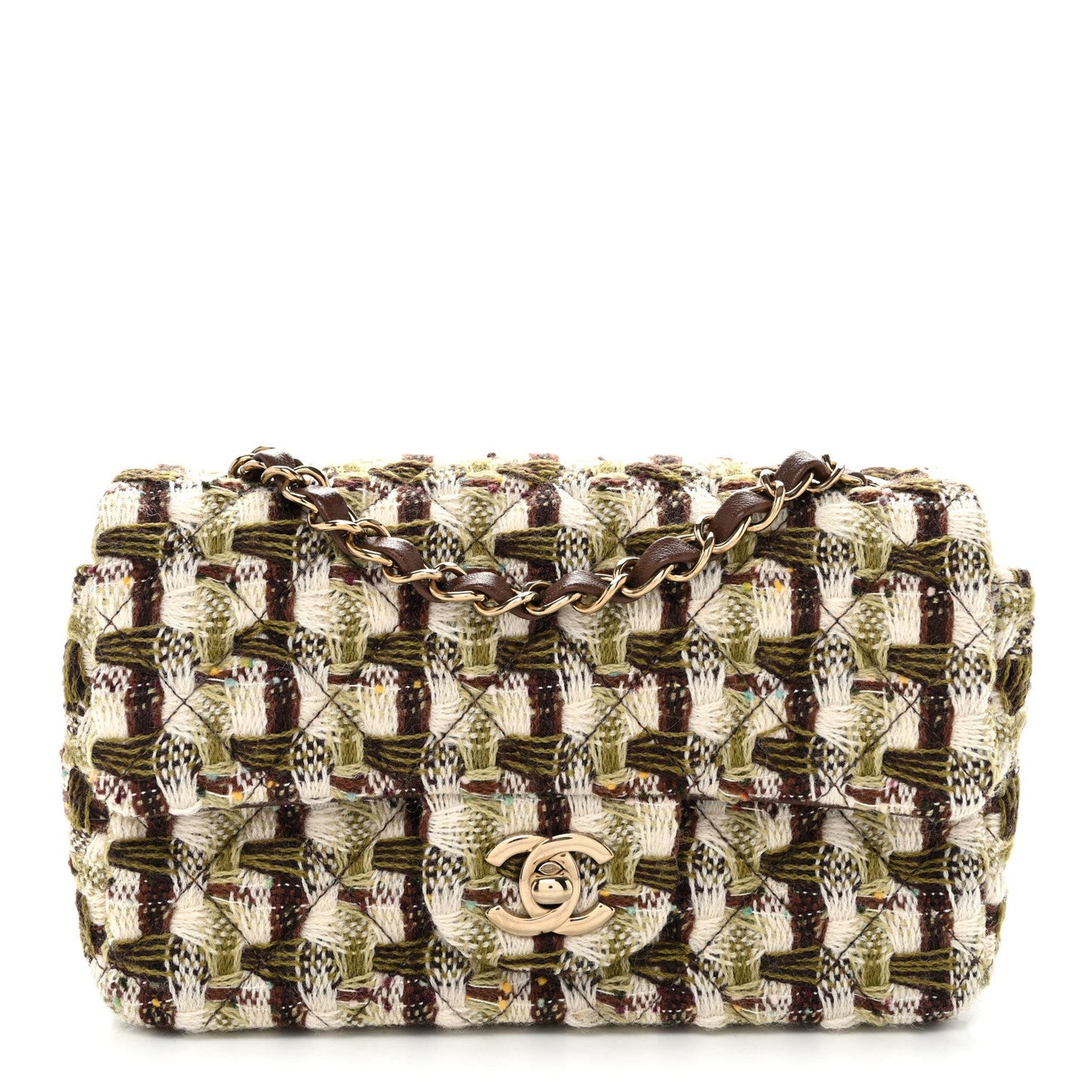 Tweed Quilted Mini Rectangular Flap Green Brown
