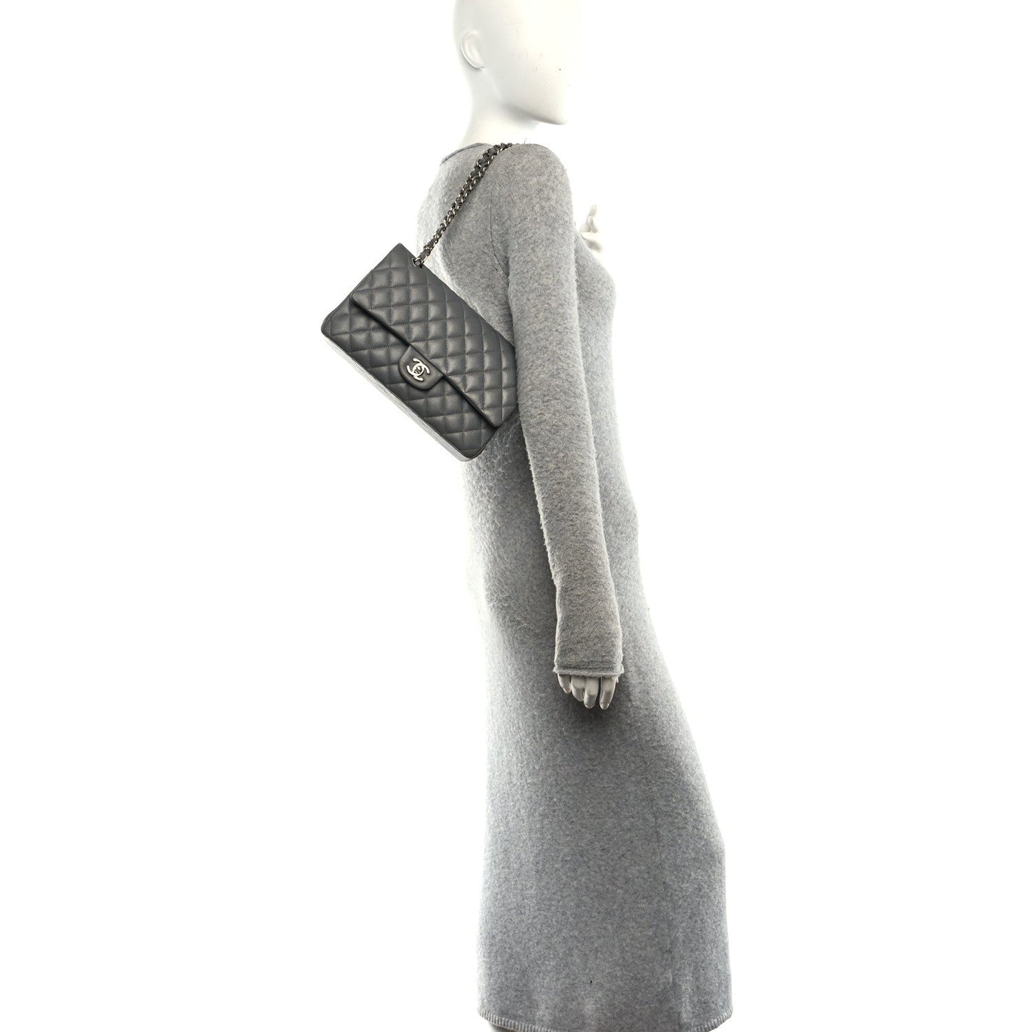 Caviar Quilted Medium Double Flap Grey