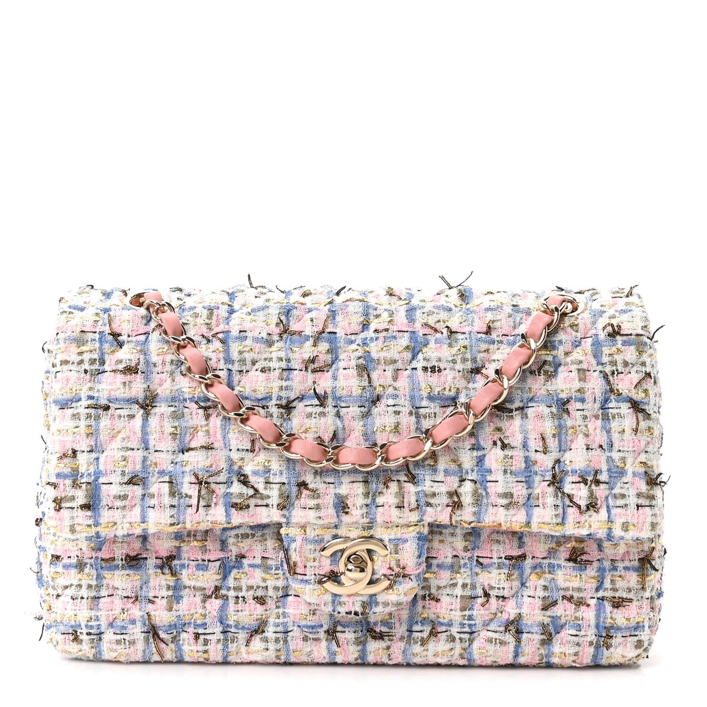 Tweed Quilted Medium Double Flap Blue Pink Gold White