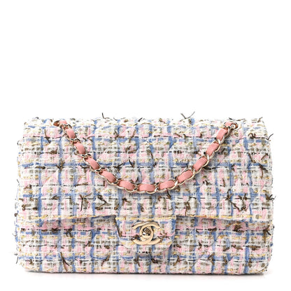Tweed Quilted Medium Double Flap Blue Pink Gold White