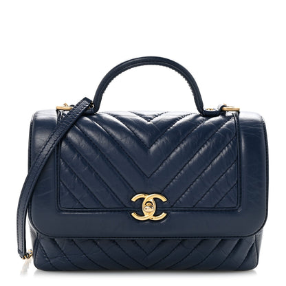 Calfskin Chevron Quilted Top Handle Flap Navy