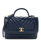 Calfskin Chevron Quilted Top Handle Flap Navy