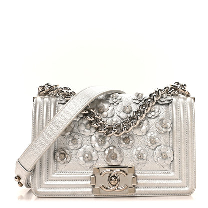 Metallic Calfskin Camellia Quilted Small Boy Flap Silver