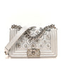 Metallic Calfskin Camellia Quilted Small Boy Flap Silver