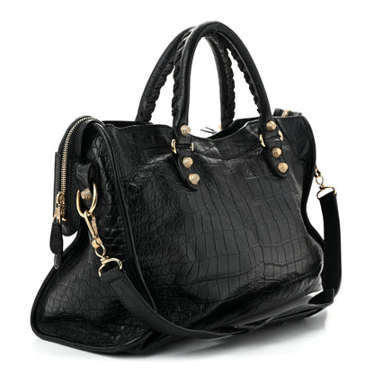 Calfskin Crocodile Embossed Giant 12 Gold Hardware City Black