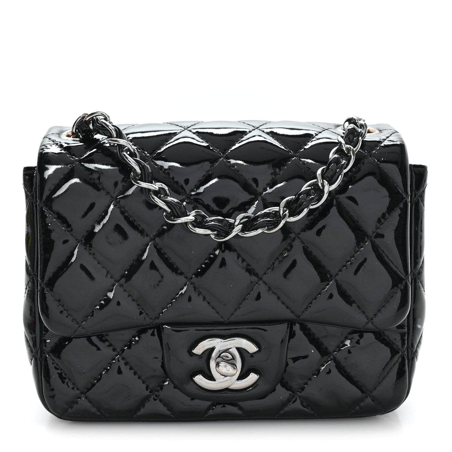 Patent Calfskin Quilted Mini Square Flap Black