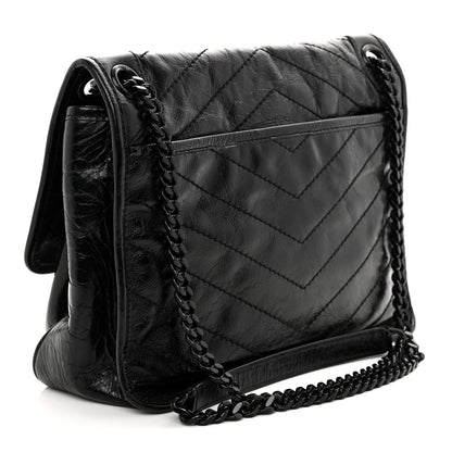 Crinkled Calfskin Matelasse Monogram Medium Niki Chain Satchel Black