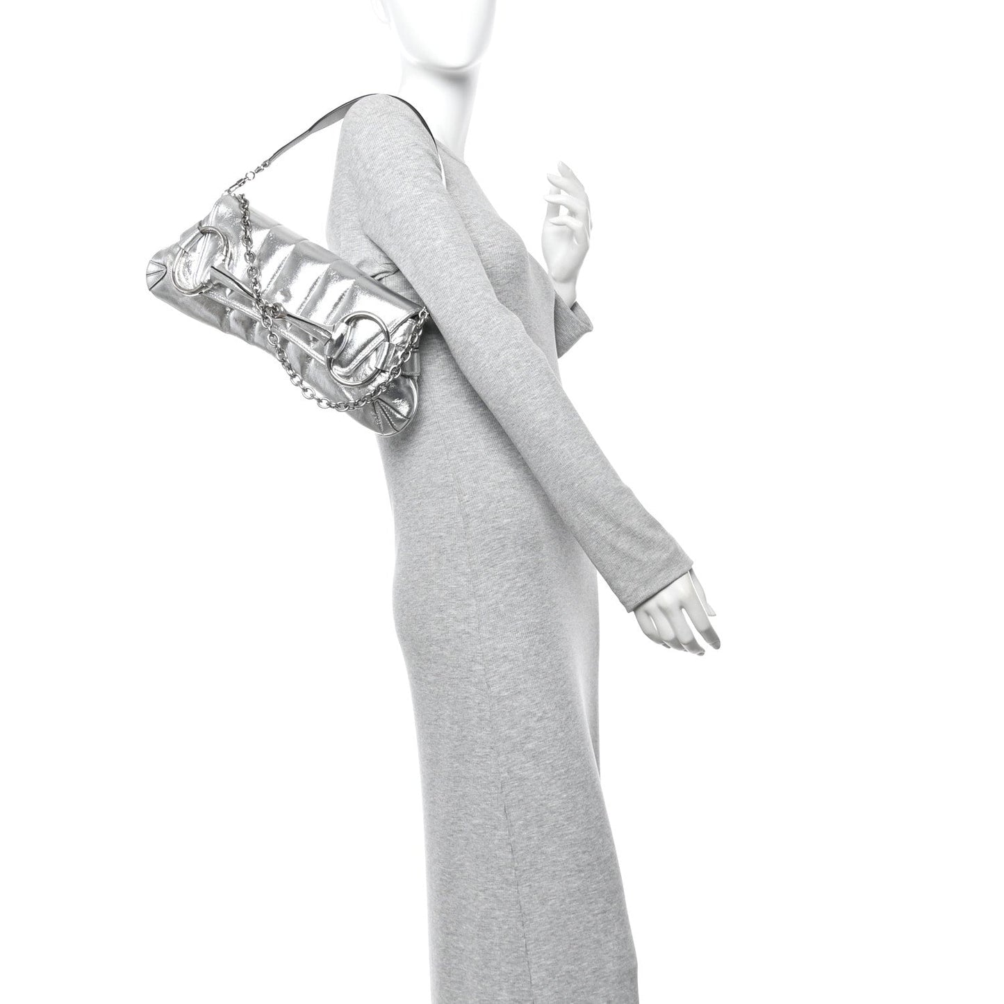 Metallic Nappa Vertical Matelasse Medium Maxi Horsebit Chain Shoulder Bag Silver