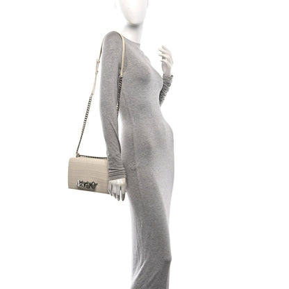 Shiny Calfskin Crocodile Embossed Knuckle Jeweled Crossbody White